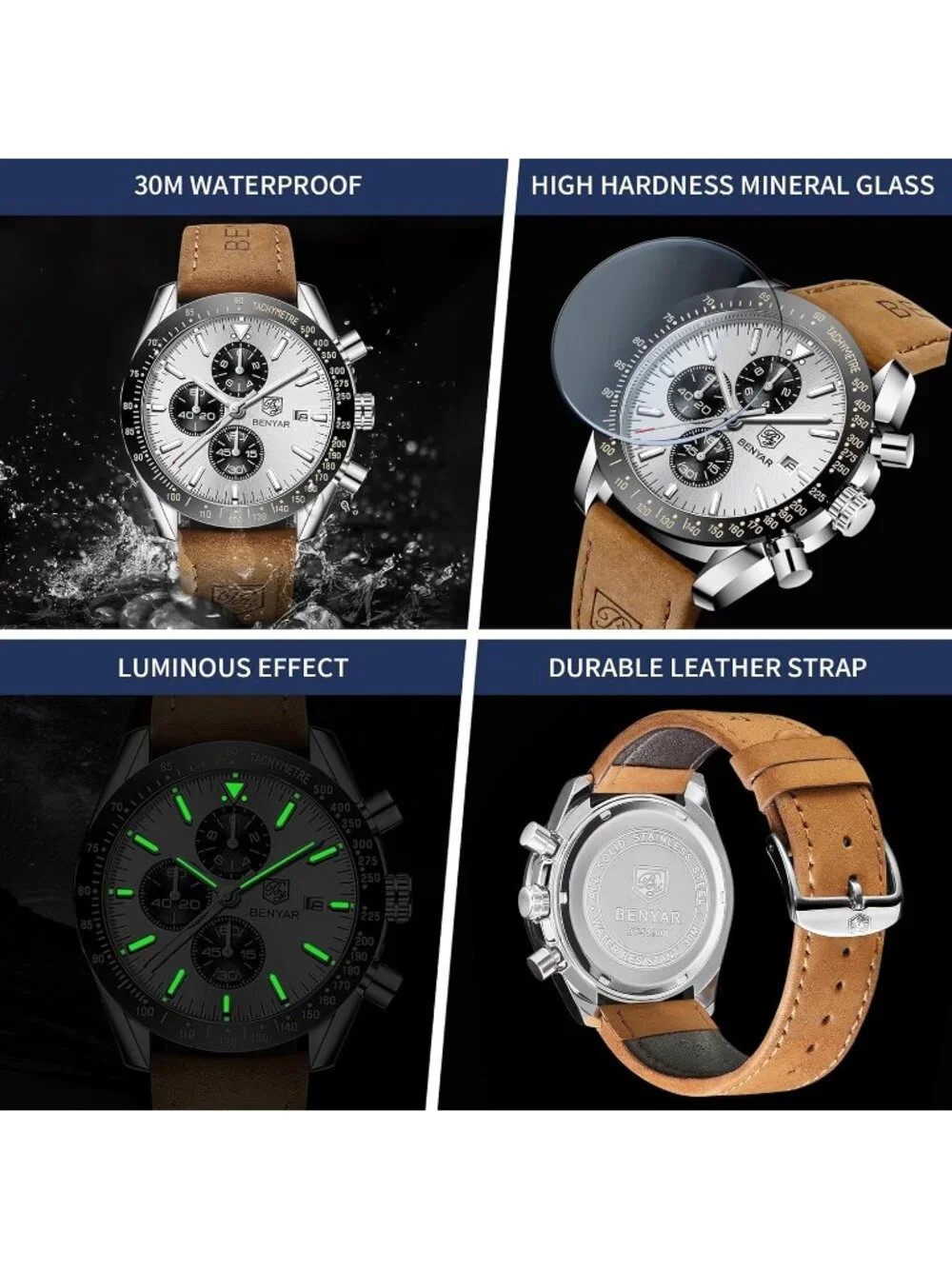 Men's White Dial Analog Brown Silicone Strap Chronograph Luminous Casual Watch